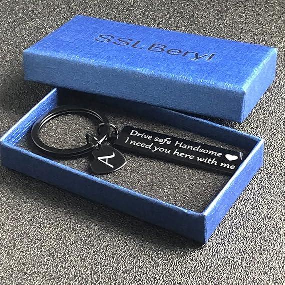 Drive Safe Keychain for Boyfriend Husband Dad 26 Initial Letter Keyring Valentine’s Day Gifts for Him Husband Gifts