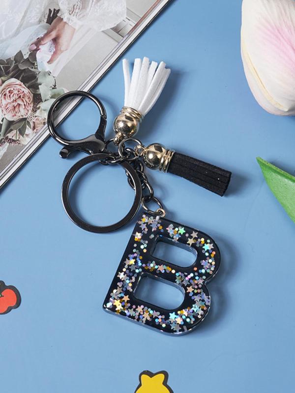 A-Z Alphabet Initial Letter Keychain, 1 Count Cute Star Sequins Resin Key Chain for Women & Men, Fashion Tassel Decor Key Ring for Bag Backpack Decor, Exquisite Keychain for Gift