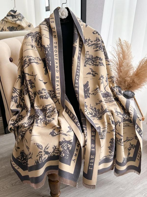 Landscape Print Double Sided Thickened Shawl, Casual Soft Warm Long Scarf for Fall & Winter, Fashion Accessories for Women & Men