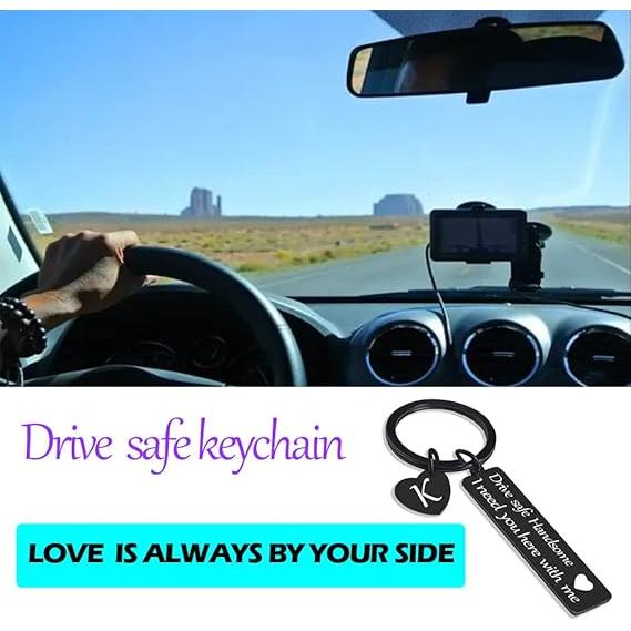 Drive Safe Keychain for Boyfriend Husband Dad 26 Initial Letter Keyring Valentine’s Day Gifts for Him Husband Gifts