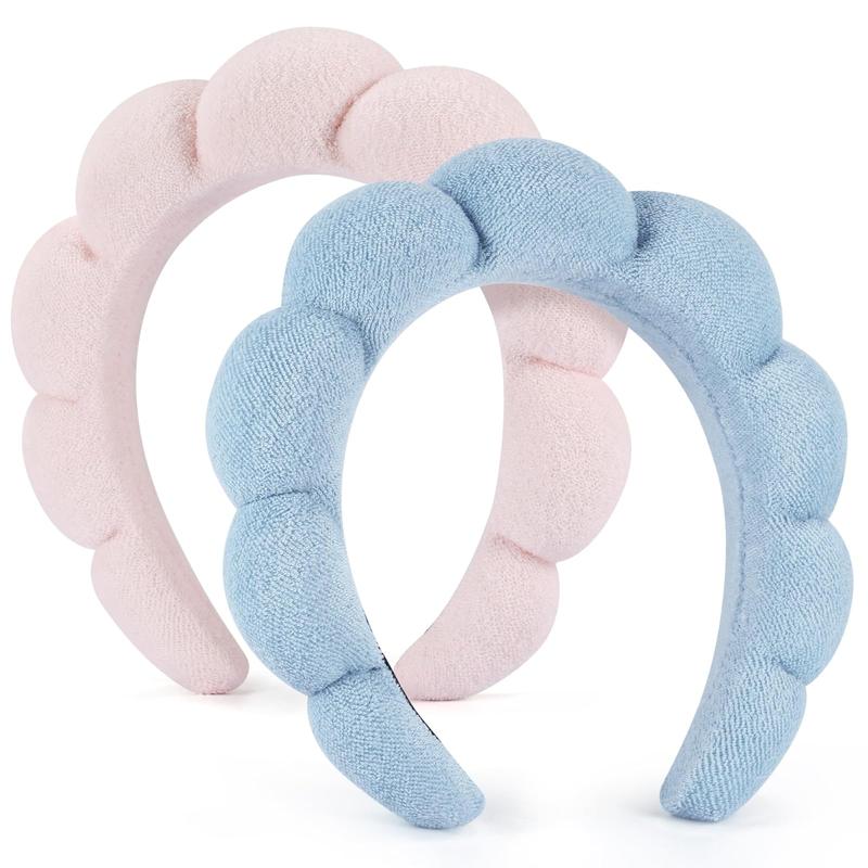 Spa Headbands for Women Ladies- Puffy Makeup Headband Combo Pack- Set of 2 Terry Towel Cloth Fabric Hair Bands for Washing Face (Pink & Blue)