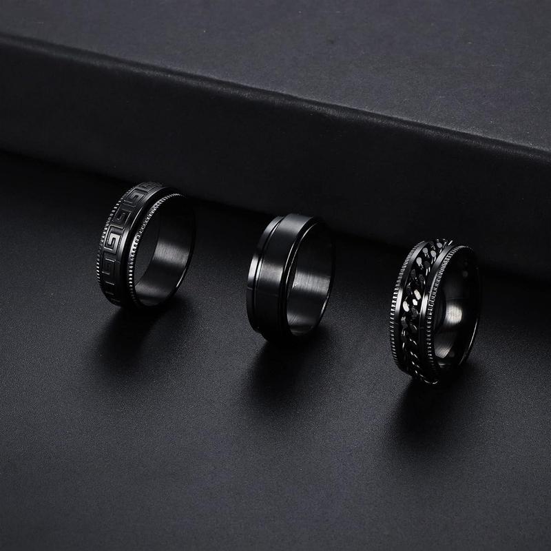 FLORIDECO 3Pcs Stainless Steel Fidget Ring for Men Women Cool Chain Greek Key Spinner Band Ring Set for Wedding Promise Stress Relieving 8MM Wide