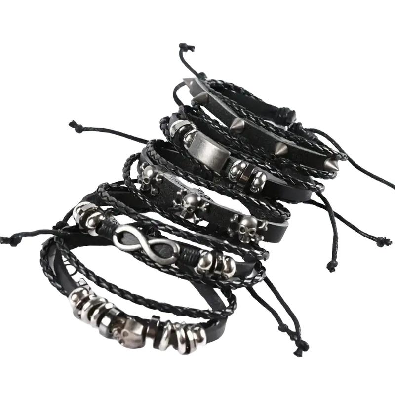 5 Pack Leather Bracelets Braided Wide Wristbands Women Mens Punk Rock Bracelet Skull