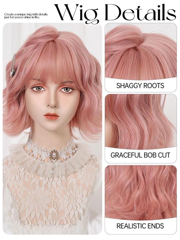 10 Inch Short Wavy Pink Women's Wig, Heat Resistant Wigs, Fluffy Wigs with Bangs, Synthetic Full Machine Wigs for Party, Daily Use