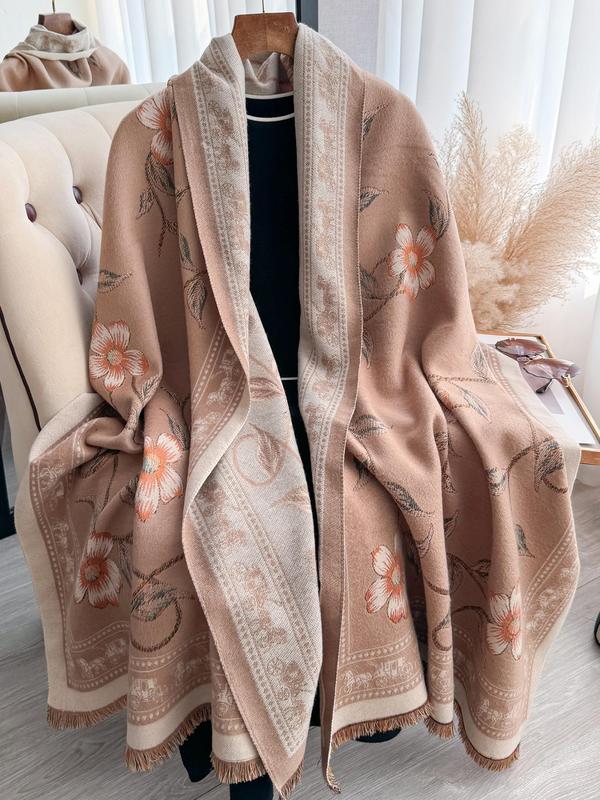 Women's Floral Pattern Fringe Trim Long Scarf, Double Sided Thickened Imitation Cashmere Scarf, Casual Soft Warm Shawl for Fall & Winter, Fashion Accessories for Daily Wear