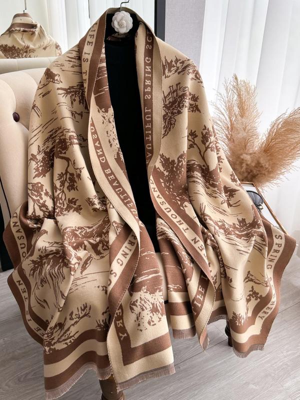 Landscape Print Double Sided Thickened Shawl, Casual Soft Warm Long Scarf for Fall & Winter, Fashion Accessories for Women & Men