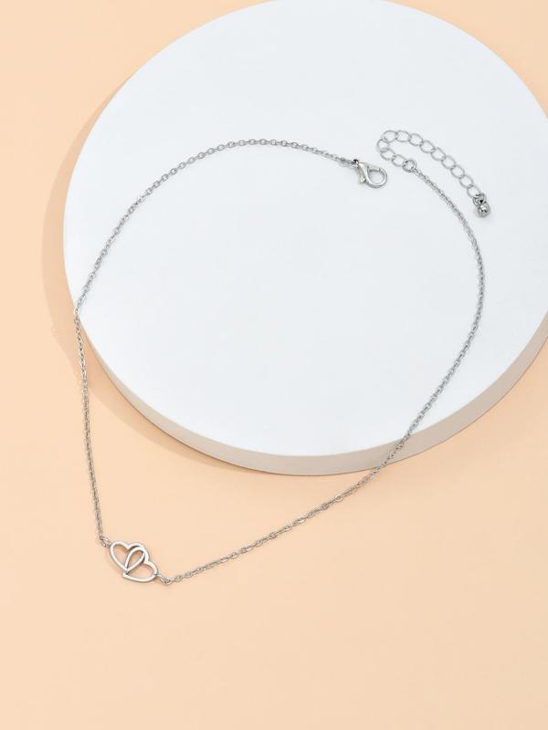 Women's Simple Plain Chain Necklace, Double Heart Design Pendant Necklace, All-match Basic Fashion Accessories for Daily Wear, Exquisite Jewelry for Birthday Gifts, Mexican Necklaces