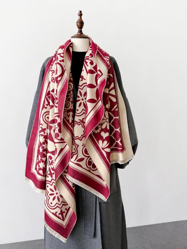 Geometric Pattern Tassel Detail Scarf, Casual Soft Warm Thick Scarf for Fall & Winter, Fashion Accessories for Women & Men