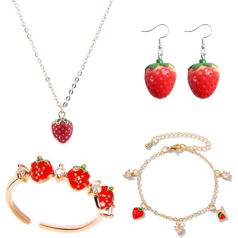 4 Pcs Strawberry Jewelry Set Red Strawberry Neckle, Strawberry Earrings, Strawberry Ring, Strawberry Bracelet Cute Food Fruit Charm Jewelry for Woman