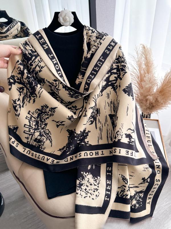 Landscape Print Double Sided Thickened Shawl, Casual Soft Warm Long Scarf for Fall & Winter, Fashion Accessories for Women & Men