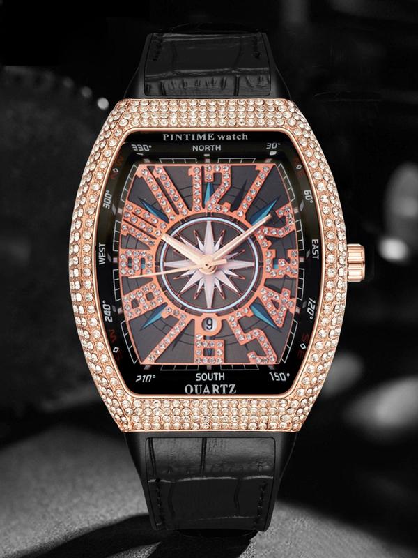 Men's Punk Style Rhinestone Barrel Dial Watch, Exquisite Trendy Wristwatch for Daily Use, Fashionable Watch As Gift for Boyfriend with Box