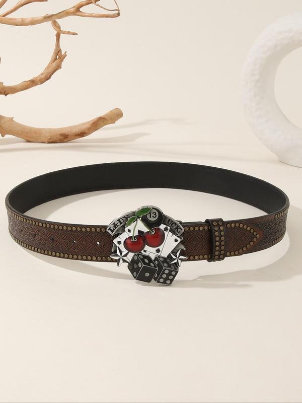 Cherry & Poker Design Buckle Belt, Fashionable Floral Textured PU Belt for Women & Men, Trendy All-match & Exquisite Belt for Birthday Gift