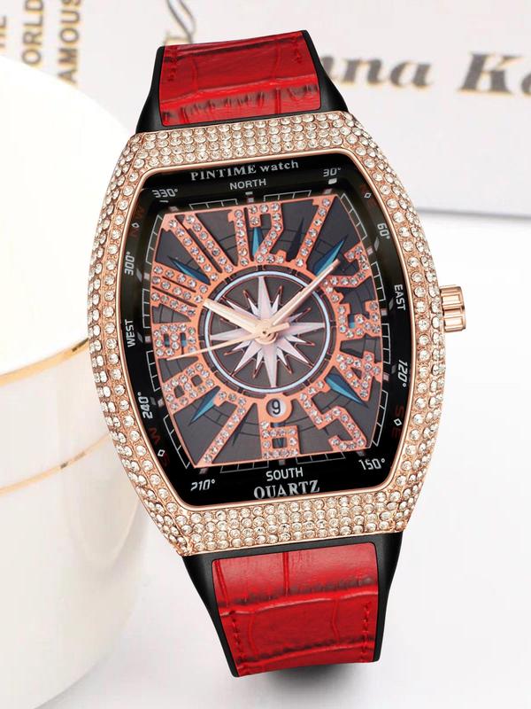 Men's Punk Style Rhinestone Barrel Dial Watch, Exquisite Trendy Wristwatch for Daily Use, Fashionable Watch As Gift for Boyfriend with Box