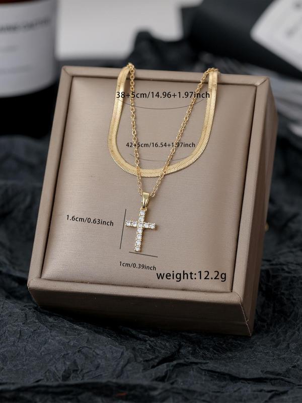 2pcs Elegant Rhinestone Decor Cross Design Pendant Necklace For Women For Gift, Minimalist Herringbone Chain Necklace, Clavicle Chain Necklace, Stainless Steel Jewelry