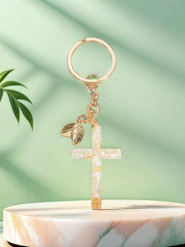 Fashion Cross & Leaf Design Keychain, Cute Resin Keychain for Women & Men, Trendy All-match & Exquisite Keychain for Birthday Gift