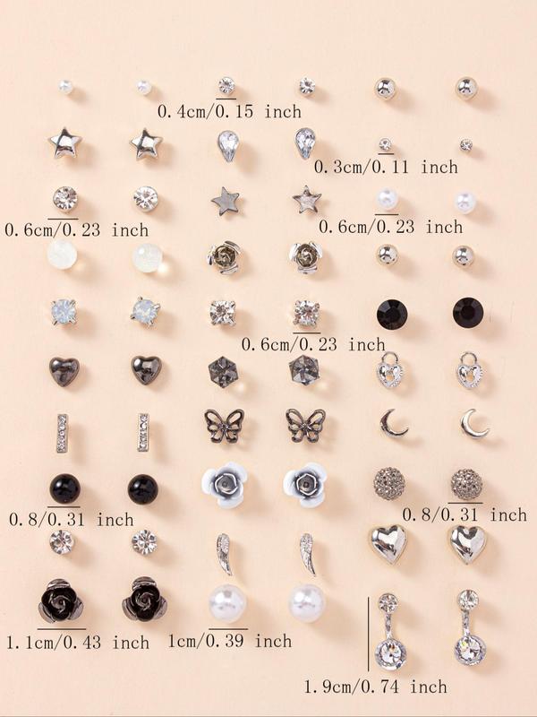 30 Pairs Fashion Jewelry Set Rhinestone Heart Star Stud Earrings for Women For Gift