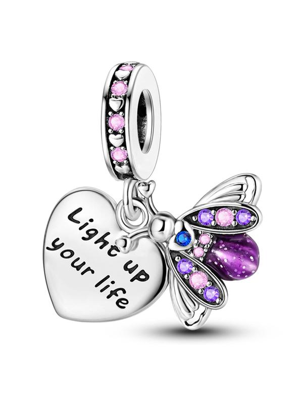 Elegant Heart & Letter Design Luminous Butterfly Charm Pendant, Fashionable Rhinestone Decorated Charm for Women & Girls, Jewelry Accessories for Bracelet & Necklace Making