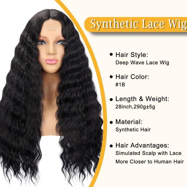 Long Curly Synthetic Black Hair Wigs for Women Lace Front Wig 4