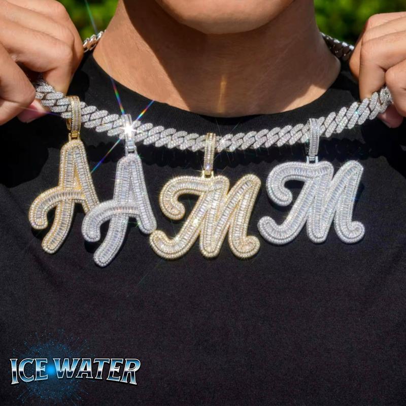 ICE WATER [Buy One Get Free Necklace] Cursive Letter Alphbet zirconia Pendant For DIY Hip Hop Couple Jewelry