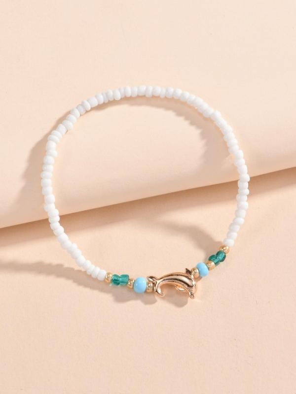 Women's Boho Style Dolphin Decor Beaded Anklet, Colorblock Animal & Bead Embellished Anklet For Women & Girls, Ladies Jewelry For Daily Wear