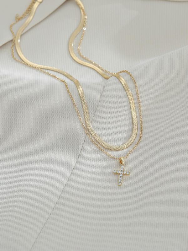 2pcs Elegant Rhinestone Decor Cross Design Pendant Necklace For Women For Gift, Minimalist Herringbone Chain Necklace, Clavicle Chain Necklace, Stainless Steel Jewelry