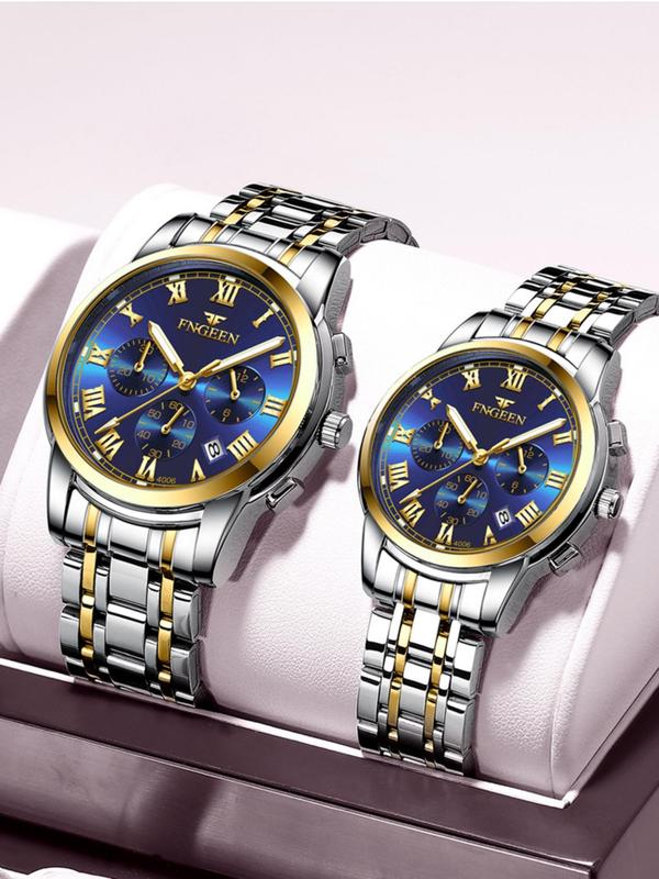 Fashion Round Dial Stainless Steel Strap Couple Watch for Women & Men, Waterproof Watch for Party, Daily Clothing Decor, Trendy All-match & Exquisite Watch for Birthday Gift with Box