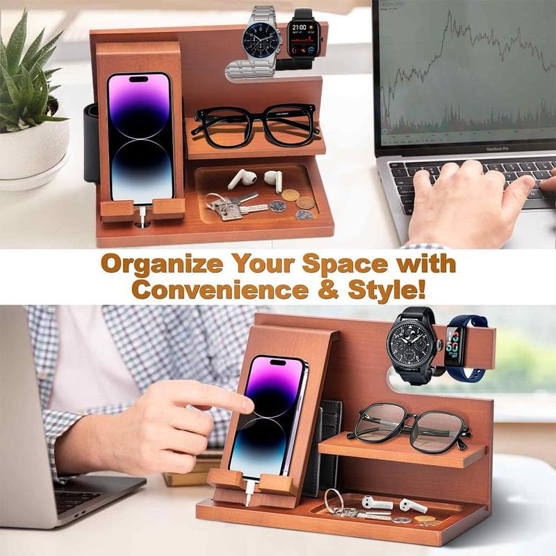 Gifts for Men Dad Husband Boyfriend Wood Phone Docking Station for Dad Gifts Key Wallet Stand Watch Organizer Birthday Gifts for Men Nightstand Organizer for Men Mens Gifts for Him,Grandpa,Husband