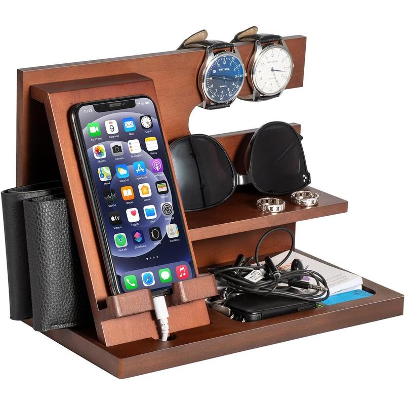 Gifts for Men Dad Husband Boyfriend Wood Phone Docking Station for Dad Gifts Key Wallet Stand Watch Organizer Birthday Gifts for Men Nightstand Organizer for Men Mens Gifts for Him,Grandpa,Husband