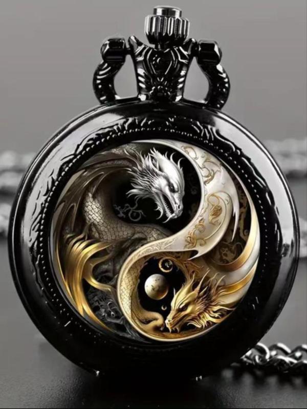 Men's Dragon Pattern Quartz Pocket Watch, Fashionable Pocket Watch for Party, Daily Clothing Decor, Trendy All-match & Exquisite Jewelry for Birthday Gift