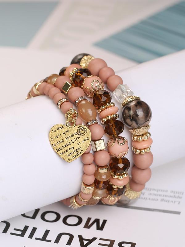 Unisex Boho 4pcs Letter Engraved Heart Charm Beaded Bracelet Set