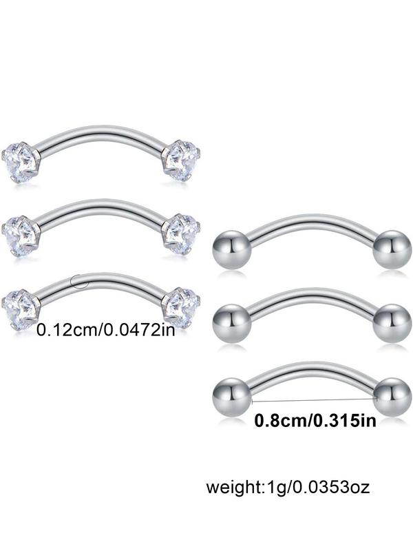 Simple Rhinestone Decorated Body Piercing Jewelry, 6pcs Stainless Steel Earrings, Belly Lip Ring, Eyebrow Studs, Body Piercing Jewelry for Party, Daily Clothing Decor, Trendy All-match & Exquisite Jewelry for Birthday Gift