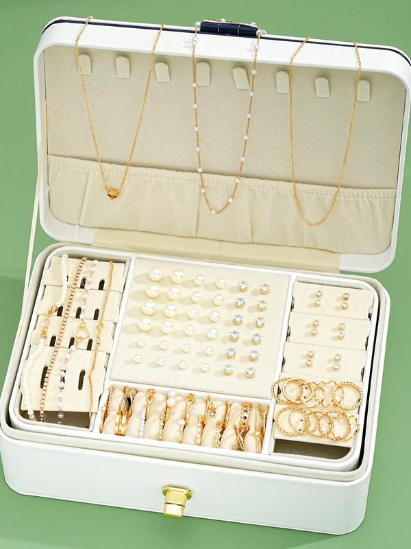 Women's Elegant Faux Pearl Decorated Jewelry Set, Trendy Exquisite Geometric Design Pendant Necklace & Stud Earrings & Ring & Bracelet, Chic Jewelry Set As Gift for Girlfriend ( without Box )