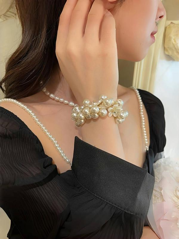 Elegant Faux Pearl Decorated Hair Tie Set, Versatile Elastic Bands for Ponytails & Bracelets, Chic Design Hair Accessories for Women Dainty Gift for Your Love