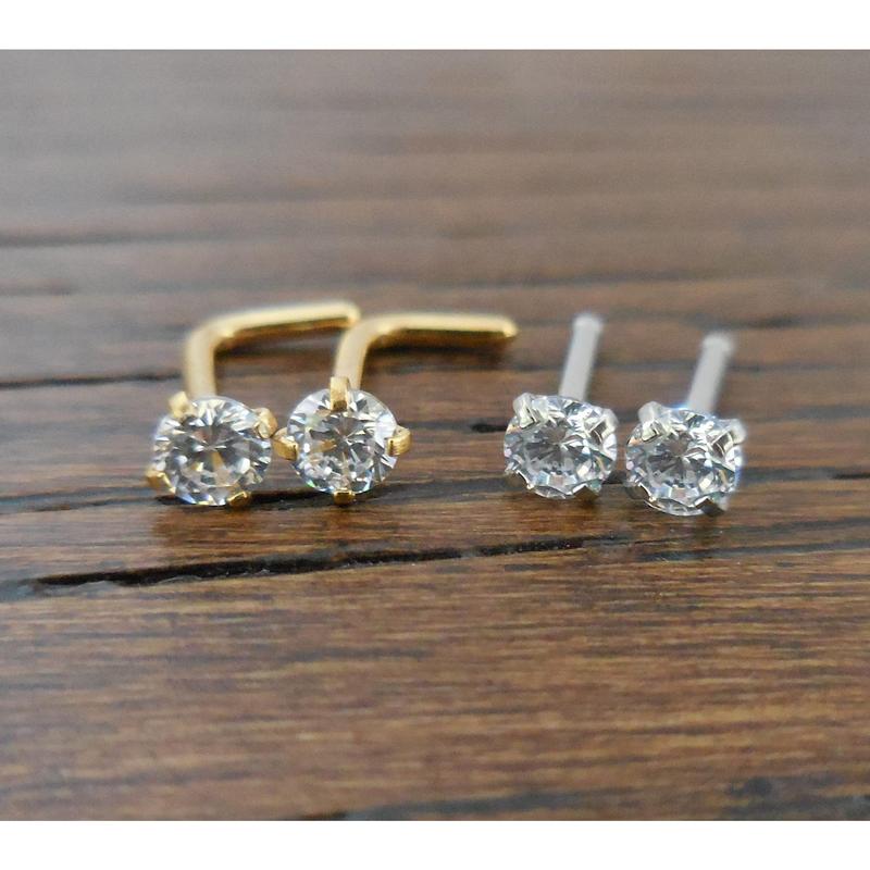 Pair 1.5, 2, 2.5 or 3mm Prong Set Screws Rings Bones Stainless Steel Nose L Shape Bend Titanium Stud Gold Tone 20G or 18G