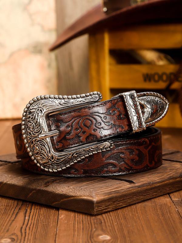 Men's Vintage Western Belt, Fashionable Floral Embossed Pu Leather Belt for Party, Daily Clothing Decor, Trendy All-match & Exquisite Belt As Gift