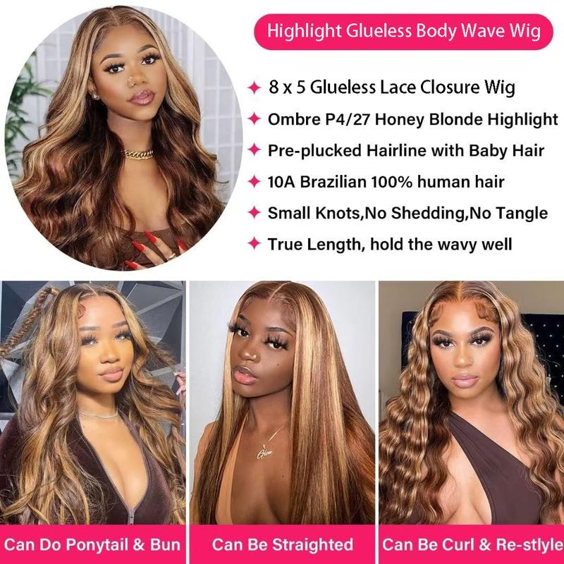 Wear and Go Glueless Wigs Human Hair Pre Plucked Pre Cut Ombre Highlight 4 27 Lace Frontal Wigs Human Hair 8x5 HD Lace Front Wigs Body Wave Honey Blonde Wig 180% Density