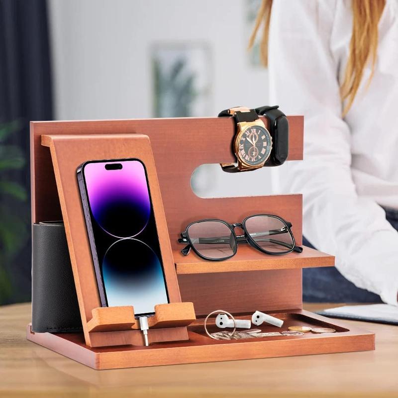 Gifts for Men Dad Husband Boyfriend Wood Phone Docking Station for Dad Gifts Key Wallet Stand Watch Organizer Birthday Gifts for Men Nightstand Organizer for Men Mens Gifts for Him,Grandpa,Husband