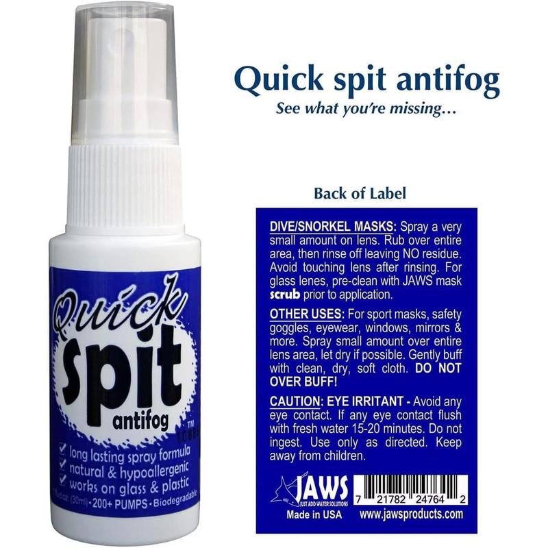 Jaws Quick Spit Anti-Fog Spray for Swim Goggles, Eye Glasses, Snorkel Mask, Scuba Divers, and Safety Eyewear, Made in The USA