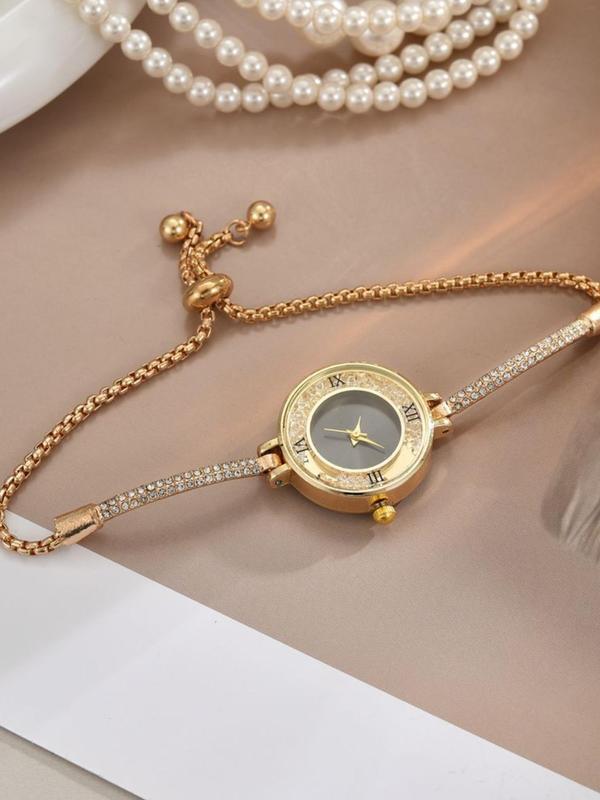 Women's Elegant Rhinestone Decorated Chain Quartz Watch, Fashionable Round Dial Watch for Women & Girls, Trendy All-match Watch for Birthday Gift