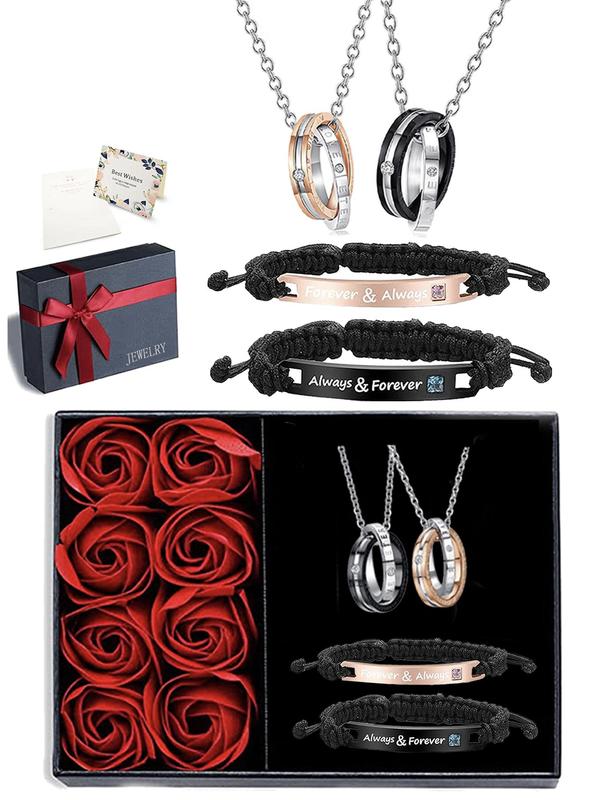 Couple's Elegant Rhinestone Decorated Jewelry Set with Box, Including Ring Charm Necklace & Bracelet, Fashion Jewelry for Party, Trendy All-match & Exquisite Jewelry for Birthday Gift