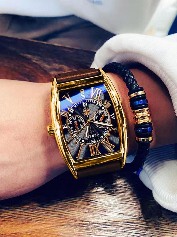 Men's Business Fashion Barrel Dial Analog Quartz Watch with Date Function, Fashion Watch for Party, Daily Clothing Decor, Trendy All-match & Exquisite Watch for Birthday Gift with Box