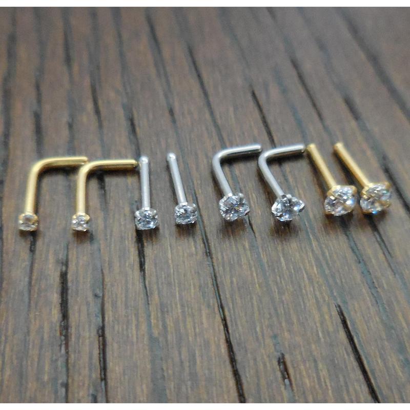 Pair 1.5, 2, 2.5 or 3mm Prong Set Screws Rings Bones Stainless Steel Nose L Shape Bend Titanium Stud Gold Tone 20G or 18G