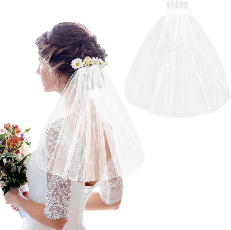 1 count Bachelorette Veil,  Elegant 1Tier White Bridal Veil with Rhinestone - 15 Short Tulle Veil with Comb Layer Hair Clipfor Women and Girls