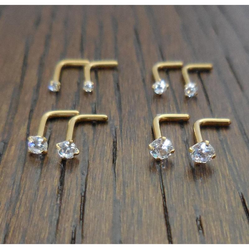 Pair 1.5, 2, 2.5 or 3mm Prong Set Screws Rings Bones Stainless Steel Nose L Shape Bend Titanium Stud Gold Tone 20G or 18G