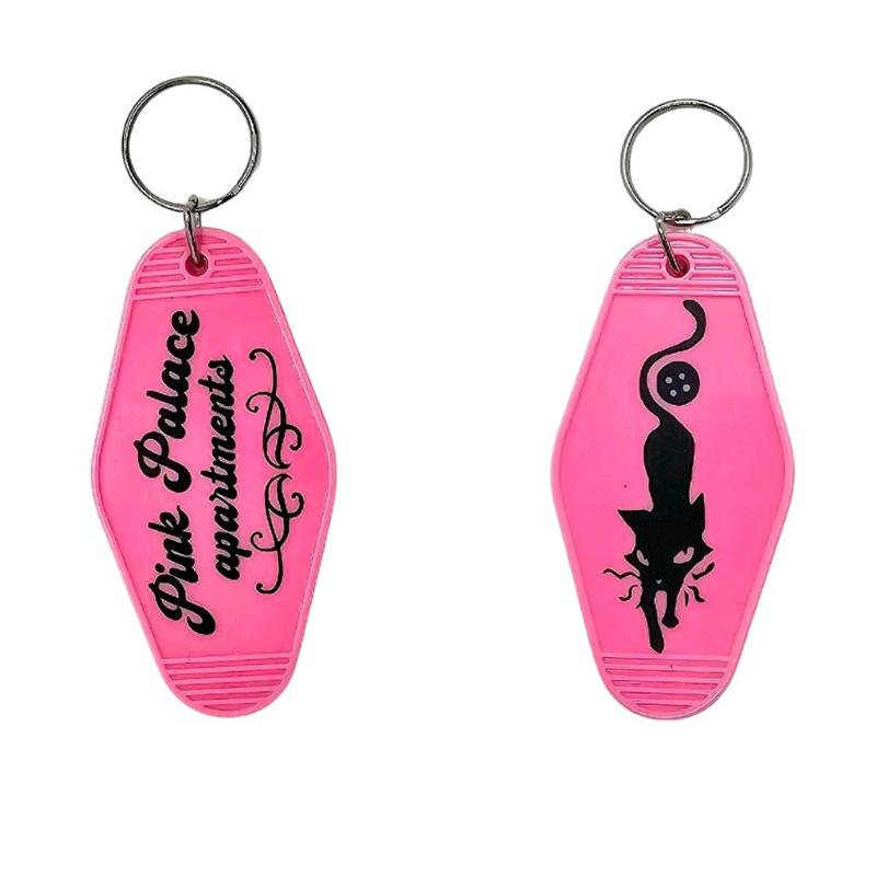 Coraline Inspired Keychain! Keys to the Pink Palace Apartments - Hotel Motel Key Tag w  Coraline Cat Seeing Stone & Skeleton Key