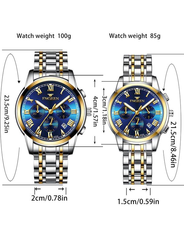 Fashion Round Dial Stainless Steel Strap Couple Watch for Women & Men, Waterproof Watch for Party, Daily Clothing Decor, Trendy All-match & Exquisite Watch for Birthday Gift with Box