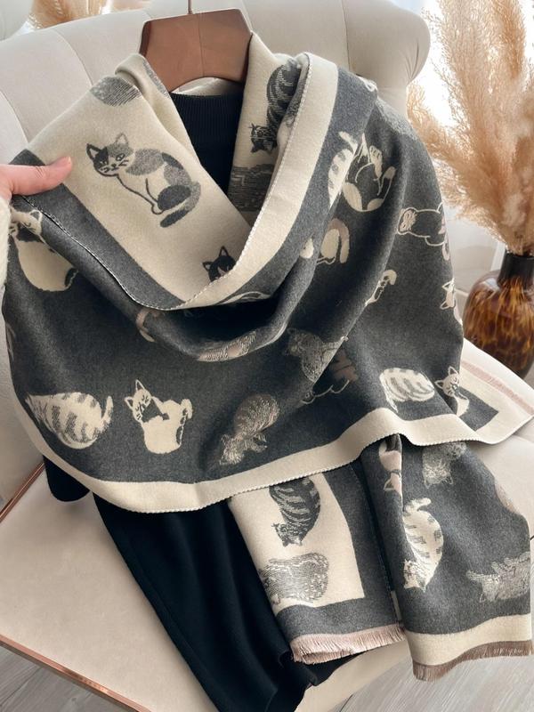 Cute Cartoon Kitten Print Scarf, Casual Soft Shawl for Fall & Winter, Warm Scarf for Women & Men, Perfect for Winter's Gifts