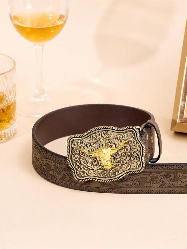 Boho Style Ethnic Pattern Bull Head PU Leather Belt, Vintage Cowboy Style Buckle Belt, Fashionable Accessories for Women & Men