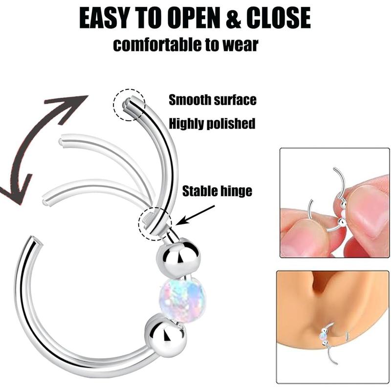 Nose Rings Hoops Opal Nose Piercings Jewelry 316L Surgical Steel Hypoallergenic Silver Septum Hoop Nose Ring for Women 18G Hinged Helix Rook Conch Cartilage Daith Tragus Earring