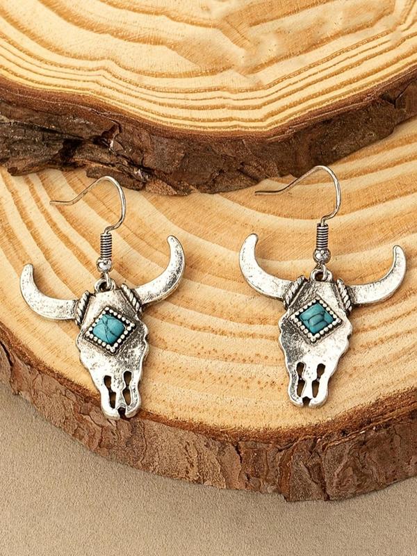 Vintage Cow Head Design Dangle Earrings (1 Pair), Turquoise Texture Decor Drop Earrings, Fashion Jewelry Accessories for Women